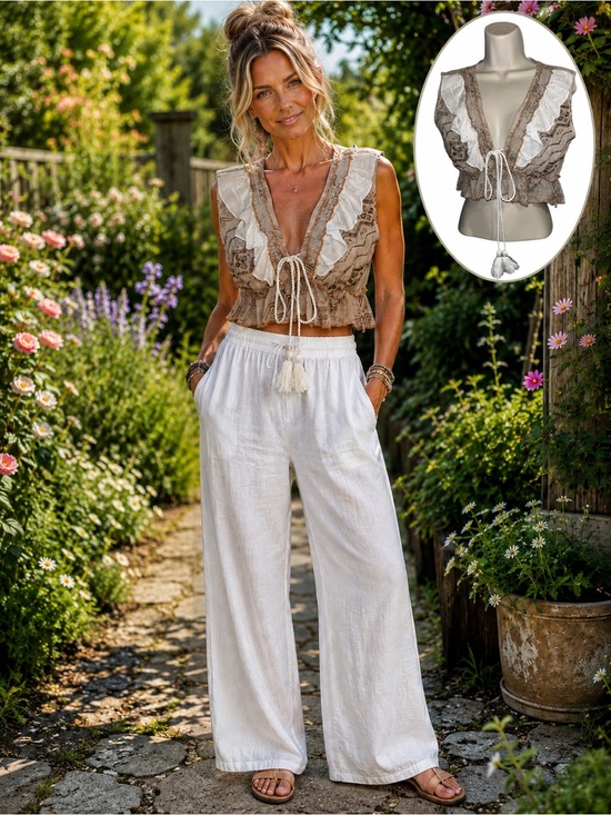 Papa Pia Pants - Papa Pia OS Taupe & White Ruffle Tie-Front Crop Top